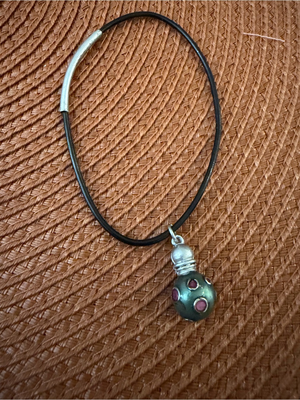 Silver-Tone Green & Pink Pendant Necklace on Black Cord - Picture 3 of 3